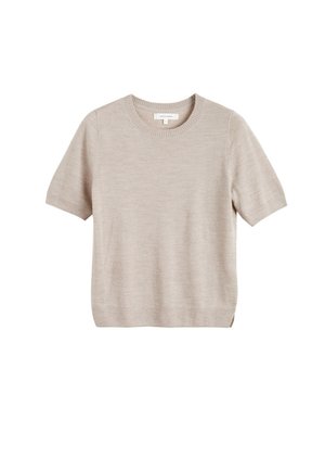 Maglione beige a maniche corte in tessuto lavorato a maglia con scollo rotondo, caratterizzato da una finitura texturizzata e spacchi laterali sull'orlo per un dettaglio in più.