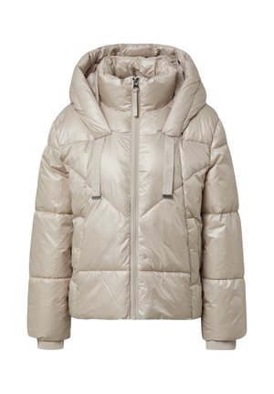 Gewatteerde jas in licht beige met een hoge kraag, volledige rits aan de voorkant, grote capuchon en elastische manchet. Beschikt over verticale banden op de schouders.