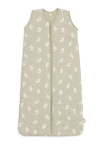 Sac de couchage vert clair au design sans manches, avec des motifs de feuilles blanches, une fermeture éclair à l'avant et en matériau en coton doux.