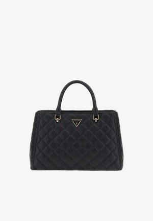 Sac à main en cuir noir matelassé avec deux poignées et une plaque triangulaire du logo Guess centrée sur le devant.