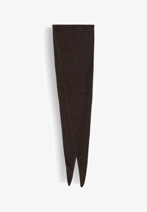 Sciarpa in lana marrone scuro lavorata a maglia, piegata longitudinalmente con estremità appuntite, esposta su uno sfondo bianco.
