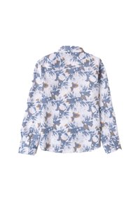 Camicia a maniche lunghe bianca con motivo floreale blu e senape. Tessuto testurizzato con una vestibilità morbida e dettagli del colletto classico.