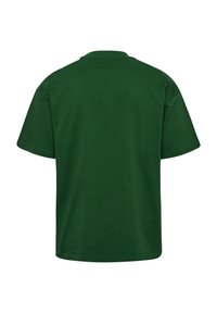 Ciemnozielony t-shirt z krótkim rękawem i okrągłym dekoltem, widoczny od tyłu, gładki, bez logo ani wzorów.