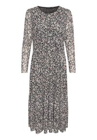 Vestido largo de manga larga en gasa negra con patrones en blanco, rojo y rosa, con un corsé ajustado y una falda suelta y fluida.