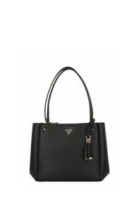 Borsa nera sintetica con doppie cinghie per la spalla, accessori in tonalità oro, triangolo con logo del marchio e un accento a nappe attaccato alla cerniera.