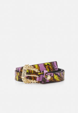 Purple and brown floral patterned belt with ornate gold buckle engraved "Versace Jeans Couture."