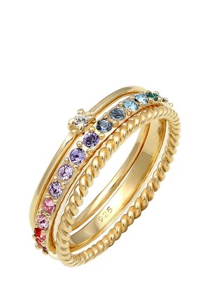 Gold triple-band ring with colorful gemstones and twisted detailing, marked 925 inside the smooth band.