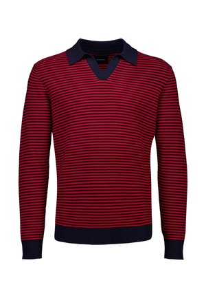Langærmet strikket sweater med røde og marineblå horisontale striber, marineblå krave, manchetter og kant, V-hals model.