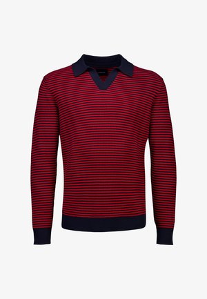 Feinstrickpullover mit langen Ärmeln in Rot und Marineblau mit horizontalen Streifen, marineblauem Kragen, Bündchen und Saum, V-Ausschnitt.