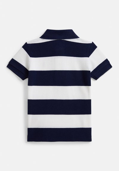 Μπλε ναυτικό και λευκό ριγέ πόλο πουκάμισο, με κοντά μανίκια, υφασμάτινη υφή, κλασικό γιακά, με εναλλασσόμενες φαρδιές ρίγες.