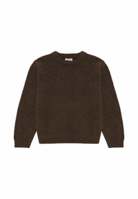 Brauner Wollpullover mit Rundhalsausschnitt, langen Ärmeln und gerippten Bündchen und Saum. Weicher Stoff mit einheitlicher Farbe und minimalen Designdetails.