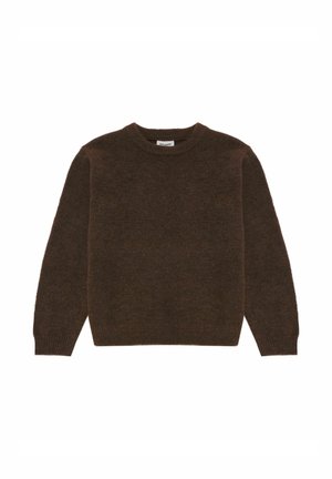 Brauner Wollpullover mit Rundhalsausschnitt, langen Ärmeln und gerippten Bündchen und Saum. Weicher Stoff mit einheitlicher Farbe und minimalen Designdetails.