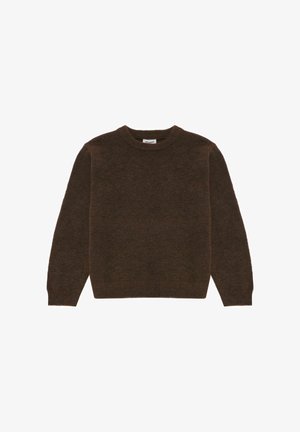 Pull en laine marron avec un col rond, des manches longues et des poignets et un ourlet côtelés. Texture douce avec une couleur unie et des détails de design minimalistes.