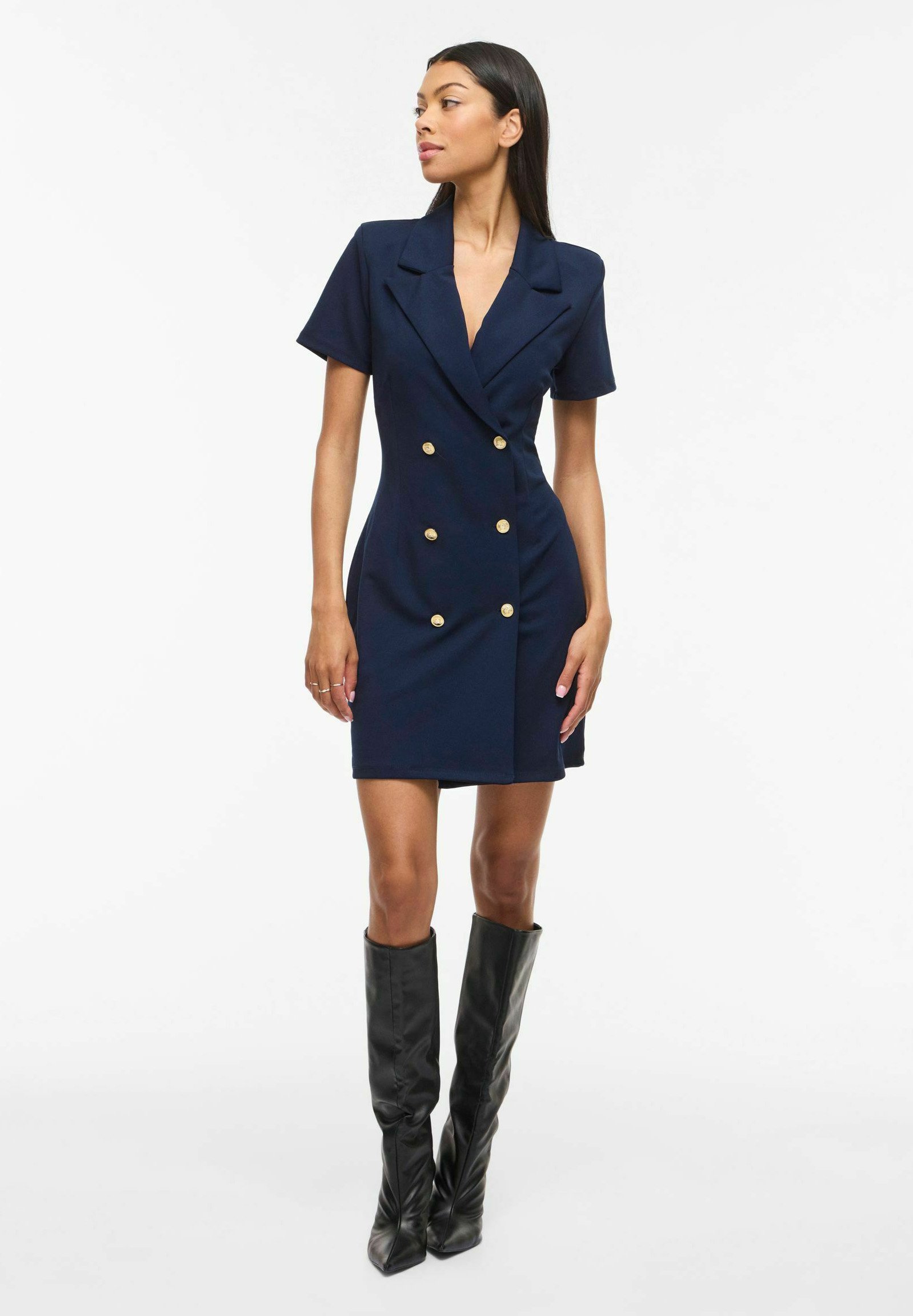 blue gold button blazer dress Navy Double Breasted Gold Button Blazer Dress 24