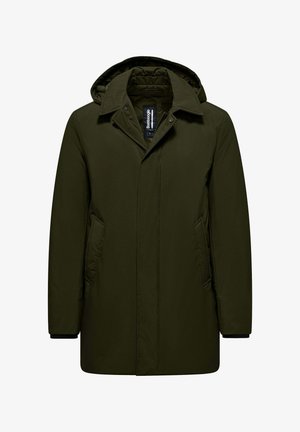 Olivgrüner, knielanger Mantel mit Kapuze, Reißverschluss und Druckknopfverschlüssen, zwei seitlichen Taschen und elastischen Bündchen an den Ärmeln. Glattes, strukturiertes Gewebe.