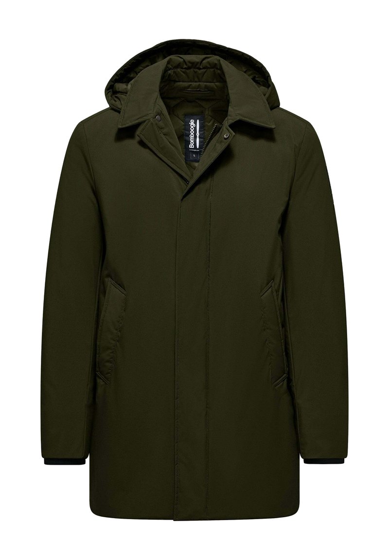Olijfgroene, knielange jas met een capuchon, rits- en drukknoopsluitingen, twee zijzakken en elastische manchetten op de mouwen. Glad, gestructureerd materiaal.