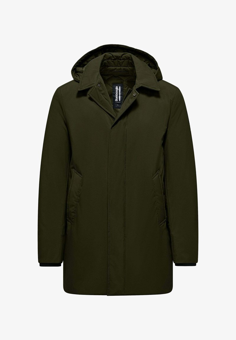 Olijfgroene, knielange jas met een capuchon, rits- en drukknoopsluitingen, twee zijzakken en elastische manchetten op de mouwen. Glad, gestructureerd materiaal.