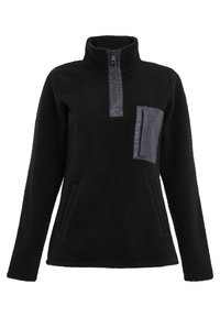 Pull en polaire noir avec un col montant, fermeture éclair mi-hauteur à l'avant et une poche poitrine en faux cuir noir contrastante. Tissu texturé avec poches latérales.