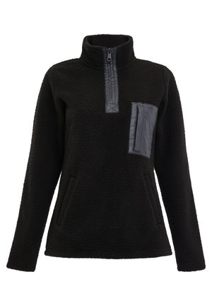 Sudadera de forro polar negra con un alto cuello, media cremallera en el frente y un bolsillo en el pecho de cuero sintético negro en contraste. Tejido texturizado con bolsillos laterales.
