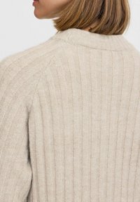 Beige gerippter Strickpullover mit rundem Ausschnitt und strukturiertem Stoff. Ansicht von hinten, die das Muster und die Passform hervorhebt.