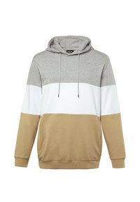 Felpa leggera con cappuccio caratterizzata da un design a blocchi di colore con sezioni grigie, bianche e beige; texture morbida con regolatori per il cappuccio.
