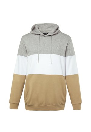 Lett hætte sweatshirt med farveblokdesign i grå, hvid og beige sektioner; blød tekstur med justerbare snore.