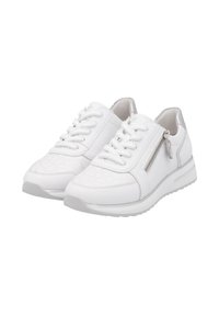 Baskets blanches avec accents texturés, une fermeture éclair et un cuir lisse. Bout rond et semelle rembourrée pour plus de confort.