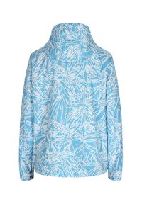 Hellblaues Jacket mit einem weißen abstrakten Muster. Hergestellt aus glattem Stoff, hat es eine Kapuze und lange Ärmel mit elastischen Bündchen.
