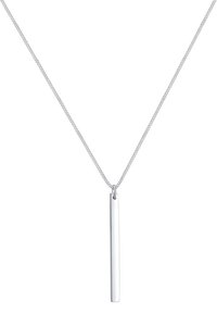 Collana in argento con un pendente verticale sottile e lucido, attaccato a una catena fine dal texture liscia.