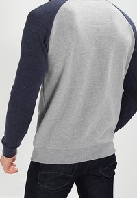 Sudadera gris con mangas raglán azul marino. Textura suave y diseño ajustado con puños y dobladillo acanalados. Estilo de cuello redondo estándar.