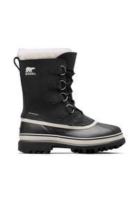 Zwarte waterdichte laars met een witte bontkraag, een rubberen onderkant en een textielen bovenzijde. Heeft een vetersluiting en een zool met textuur voor extra grip.