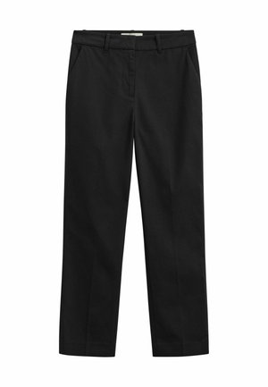 Schwarze gerade geschnittene Hose mit Gürtelschlaufen, Seitentaschen und einem vorderen Reißverschluss.