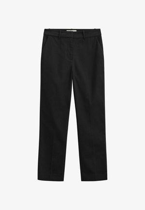 Schwarze gerade geschnittene Hose mit Gürtelschlaufen, Seitentaschen und einem vorderen Reißverschluss.