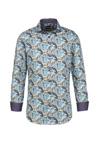 Camicia a fantasia floreale con tonalità di blu, giallo e marrone. Presenta un colletto e polsini blu. Realizzata in tessuto leggero con chiusura a bottoni.