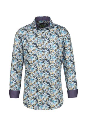 Bluse mit Blumenmuster in Blau-, Gelb- und Brauntönen. Verfügt über einen blauen Kragen und Manschetten. Hergestellt aus leichtem Stoff mit einer Knopfleiste.