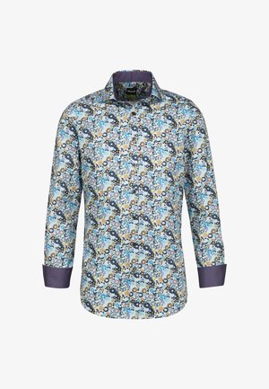 Camicia a fantasia floreale con tonalità di blu, giallo e marrone. Presenta un colletto e polsini blu. Realizzata in tessuto leggero con chiusura a bottoni.