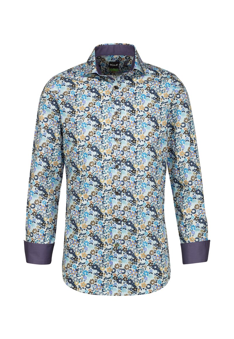 Camicia a fantasia floreale con tonalità di blu, giallo e marrone. Presenta un colletto e polsini blu. Realizzata in tessuto leggero con chiusura a bottoni.