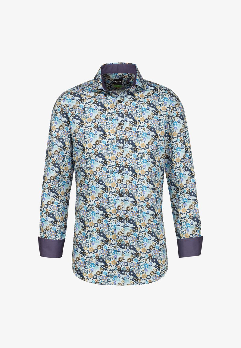 Camicia a fantasia floreale con tonalità di blu, giallo e marrone. Presenta un colletto e polsini blu. Realizzata in tessuto leggero con chiusura a bottoni.