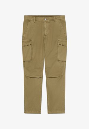 Khaki cargobroek met knopen- en ritssluiting, voorzien van zijflappzakken en schuin geplaatste voorzakken.