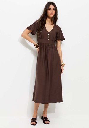 New Look, FRILL SLEEVE V NECK MIDI DRESS - Robe de jour - dark brown