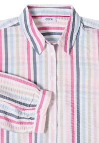 Chemise à manches longues à boutons avec rayures verticales en rose, bleu, beige et gris, dotée d'un col pointu et de boutons blancs.