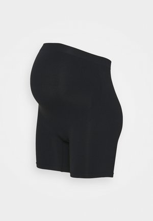 Fekete, elasztikus rövidnadrág magas derekú szabással és sima tapintással, amelyet a kényelem és támogatás jegyében terveztek, testhez simuló siluettel.