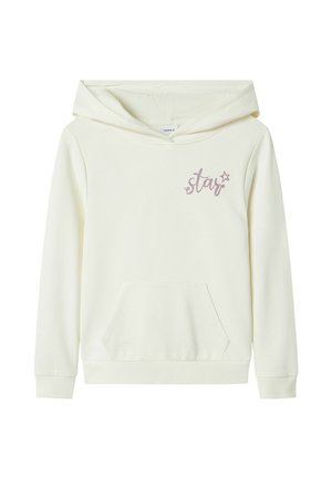 Sudadera color crema hecha de material suave, con un bolsillo frontal y un diseño de "estrella" bordeado en rosa. Contiene una capucha con cordón.