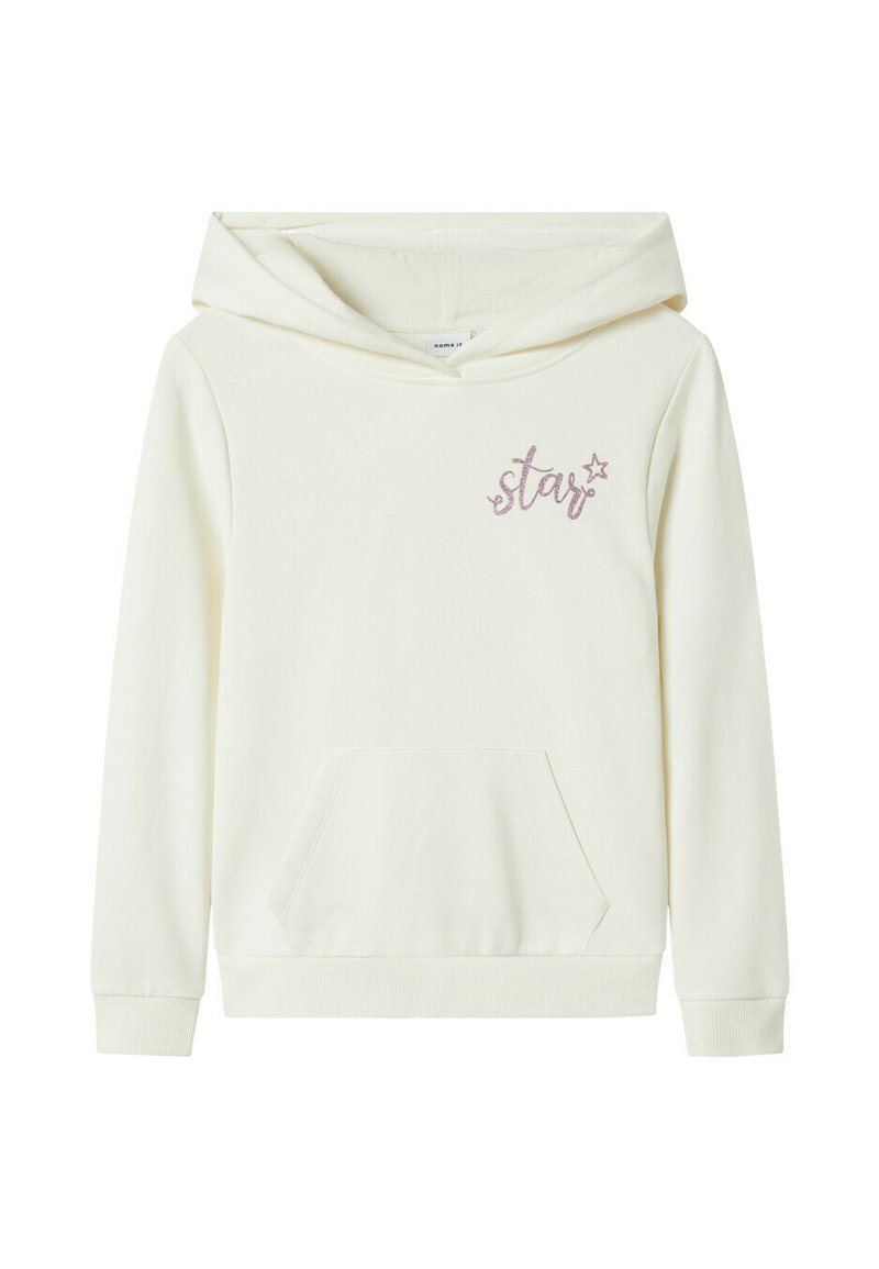 Sudadera color crema hecha de material suave, con un bolsillo frontal y un diseño de "estrella" bordeado en rosa. Contiene una capucha con cordón.