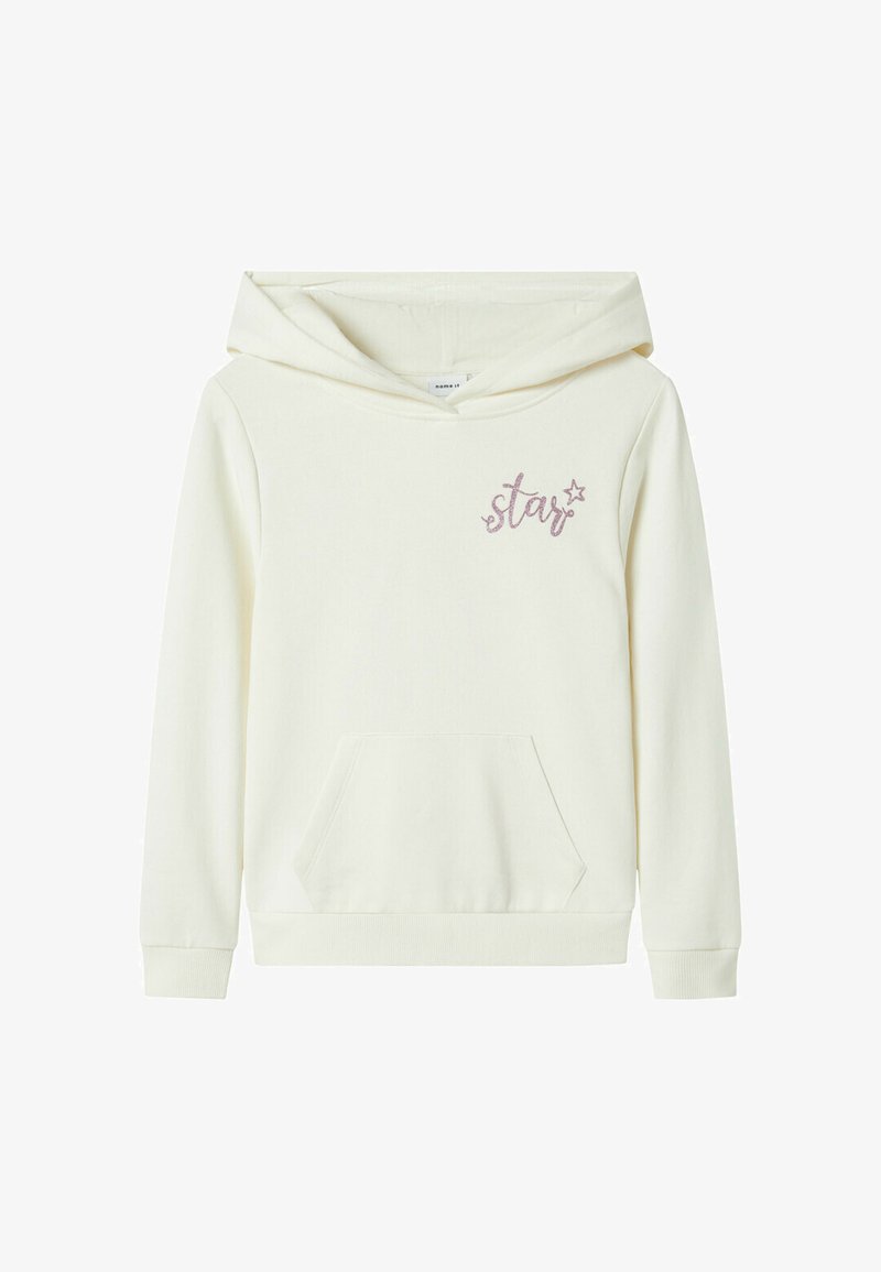 Cremfarbener Hoodie aus weichem Material, mit einer Kängurutasche und einem gestickten "Stern"-Design in Pink. Verfügt über eine Kapuze mit Kordelzug.