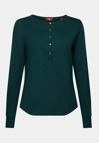 Dunkelgrünes Langarmshirt aus weichem Stoff, mit Rundhals und einer Knopfleiste vorne mit fünf Knöpfen. Der Saum ist abgerundet.