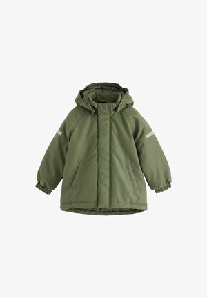 Green padded jacket with a hood, elastic cuffs, two side pockets, and a reflective strip on each arm. Smooth texture and oversized design.