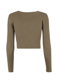 Dlouhý rukáv, zkrácený top olivové barvy, vyrobený z žebrované tkaniny. Má zaoblený výstřih a hladkou texturu. Bez viditelného loga.