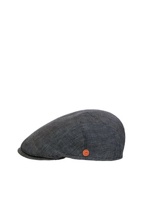 Gray flat cap with subtle herringbone pattern and small round red logo badge on the side.