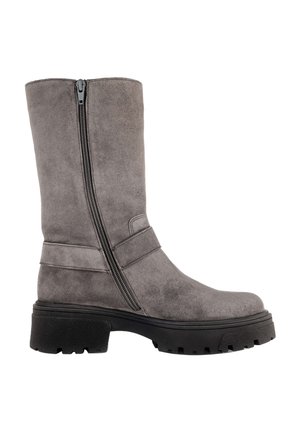 Mid-calf grey suede boot with side zipper, strap detail, and thick black lug sole designed for casual wear.